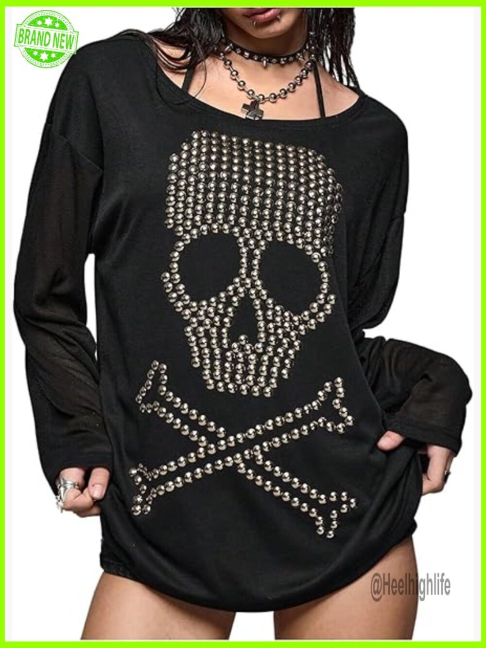 Skull Rivets Long Sleeve T Shirt Grunge Punk Y2K Tops
